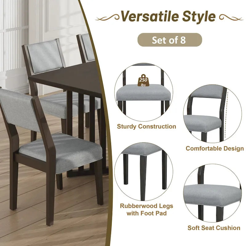Ensemble de salle à manger extensible en bois de style campagnard, composé de 9 pièces, avec 2 rallonges amovibles et 8 chaises de salle à manger rembourrées.