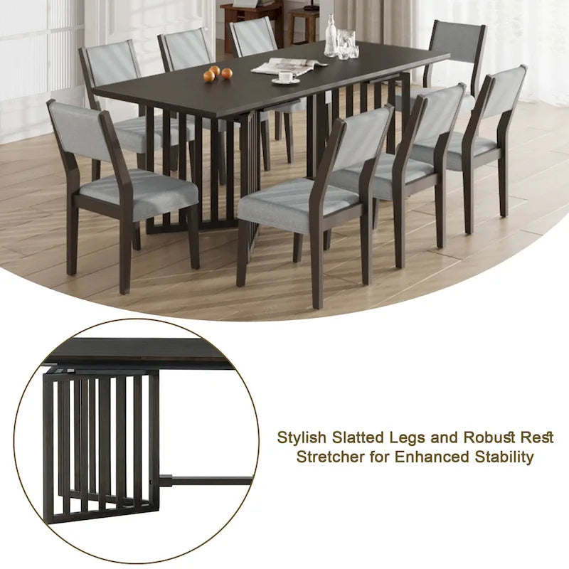 Ensemble de salle à manger extensible en bois de style campagnard, composé de 9 pièces, avec 2 rallonges amovibles et 8 chaises de salle à manger rembourrées.