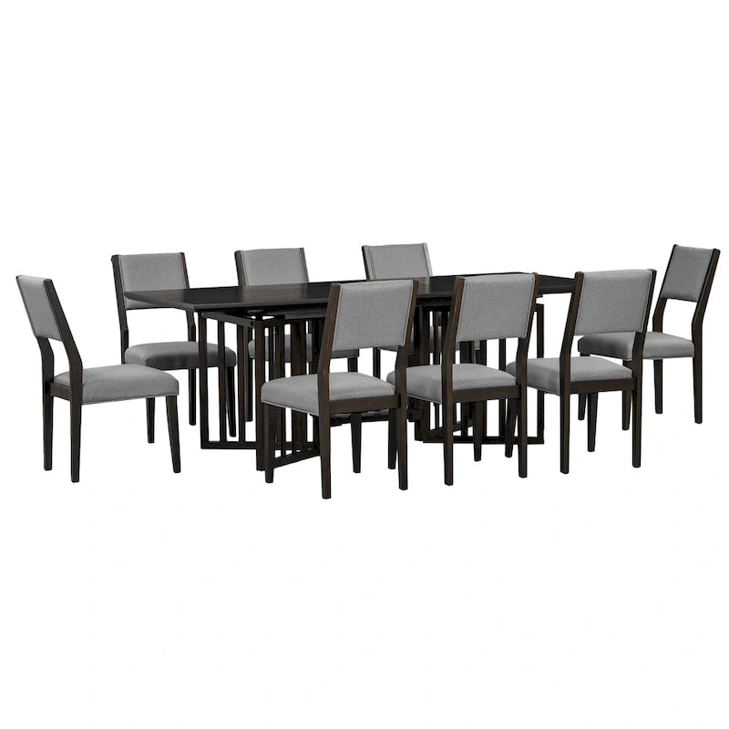 Ensemble de salle à manger extensible en bois de style campagnard, composé de 9 pièces, avec 2 rallonges amovibles et 8 chaises de salle à manger rembourrées.