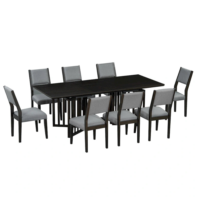 Ensemble de salle à manger extensible en bois de style campagnard, composé de 9 pièces, avec 2 rallonges amovibles et 8 chaises de salle à manger rembourrées.
