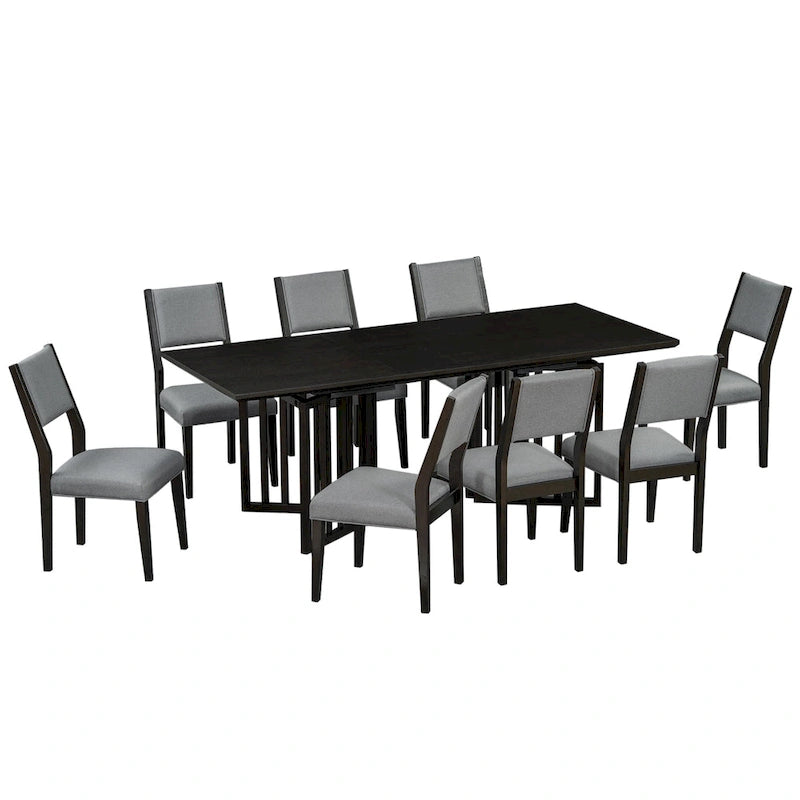 Ensemble de salle à manger extensible en bois de style campagnard, composé de 9 pièces, avec 2 rallonges amovibles et 8 chaises de salle à manger rembourrées.