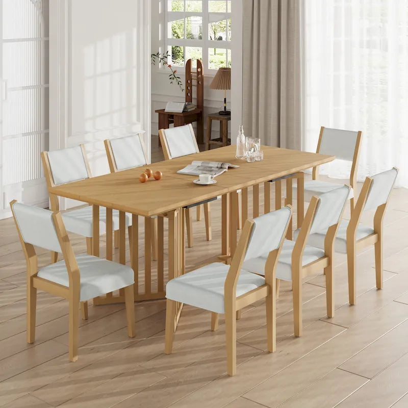 Ensemble de salle à manger extensible en bois de style campagnard, composé de 9 pièces, avec 2 rallonges amovibles et 8 chaises de salle à manger rembourrées.
