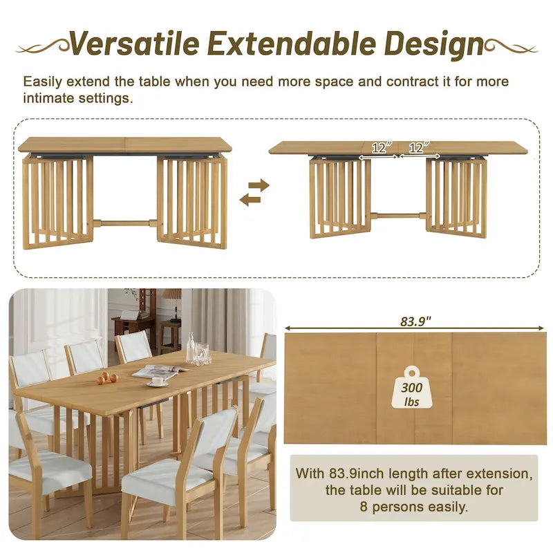 Ensemble de salle à manger extensible en bois de style campagnard, composé de 9 pièces, avec 2 rallonges amovibles et 8 chaises de salle à manger rembourrées.