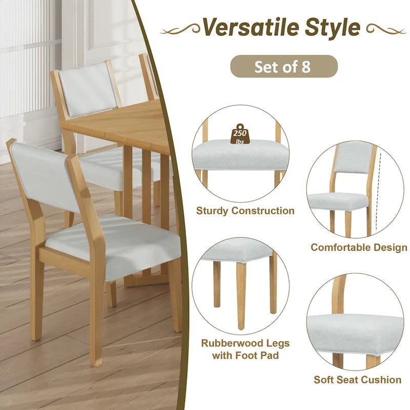 Ensemble de salle à manger extensible en bois de style campagnard, composé de 9 pièces, avec 2 rallonges amovibles et 8 chaises de salle à manger rembourrées.