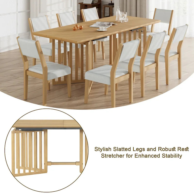 Ensemble de salle à manger extensible en bois de style campagnard, composé de 9 pièces, avec 2 rallonges amovibles et 8 chaises de salle à manger rembourrées.