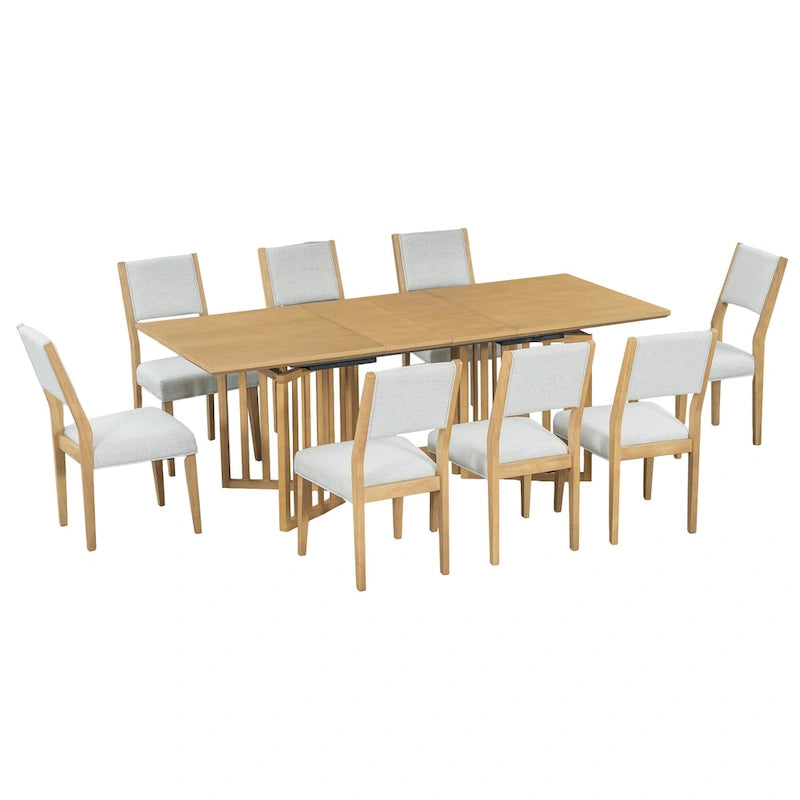 Ensemble de salle à manger extensible en bois de style campagnard, composé de 9 pièces, avec 2 rallonges amovibles et 8 chaises de salle à manger rembourrées.