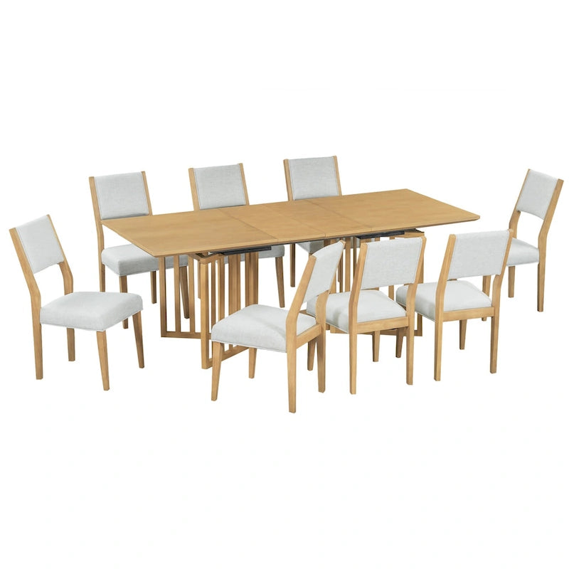 Ensemble de salle à manger extensible en bois de style campagnard, composé de 9 pièces, avec 2 rallonges amovibles et 8 chaises de salle à manger rembourrées.