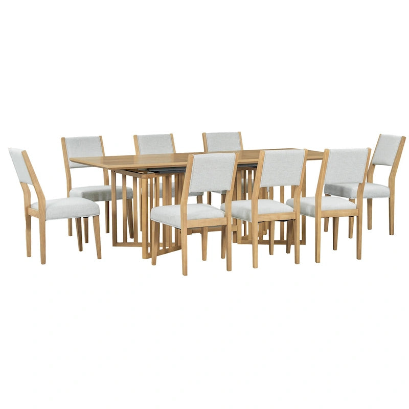 Ensemble de salle à manger extensible en bois de style campagnard, composé de 9 pièces, avec 2 rallonges amovibles et 8 chaises de salle à manger rembourrées.