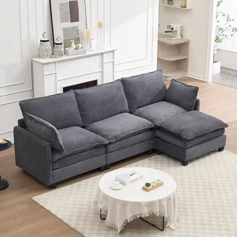 Canapé d'angle en velours en forme de U de 102 pouces avec pouf et coussins lombaires