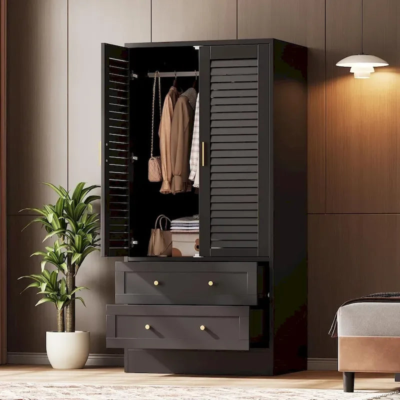 Armoire-penderie avec 2 portes à persiennes, tringles et 2 tiroirs