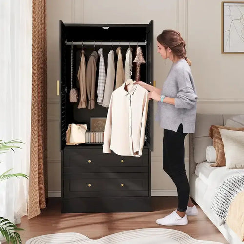 Armoire-penderie avec 2 portes à persiennes, tringles et 2 tiroirs
