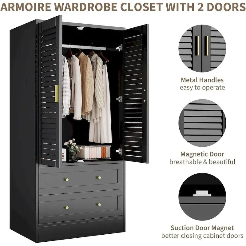 Armoire-penderie avec 2 portes à persiennes, tringles et 2 tiroirs