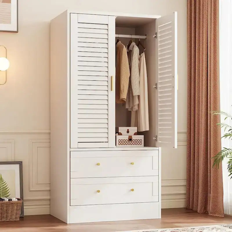 Armoire-penderie avec 2 portes à persiennes, tringles et 2 tiroirs