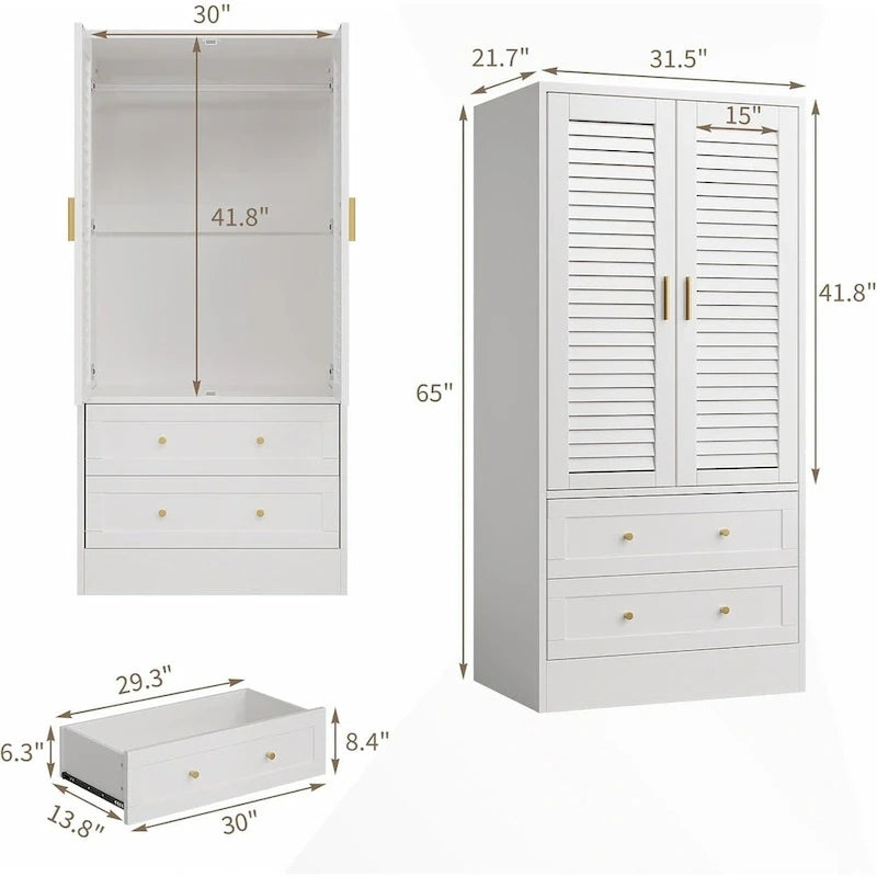 Armoire-penderie avec 2 portes à persiennes, tringles et 2 tiroirs