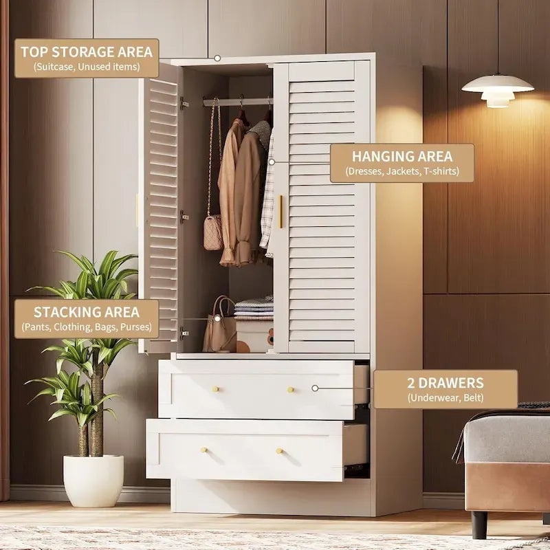 Armoire-penderie avec 2 portes à persiennes, tringles et 2 tiroirs
