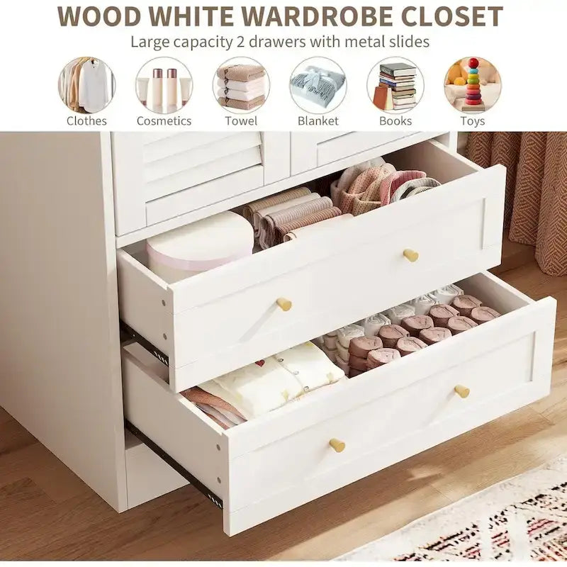 Armoire-penderie avec 2 portes à persiennes, tringles et 2 tiroirs