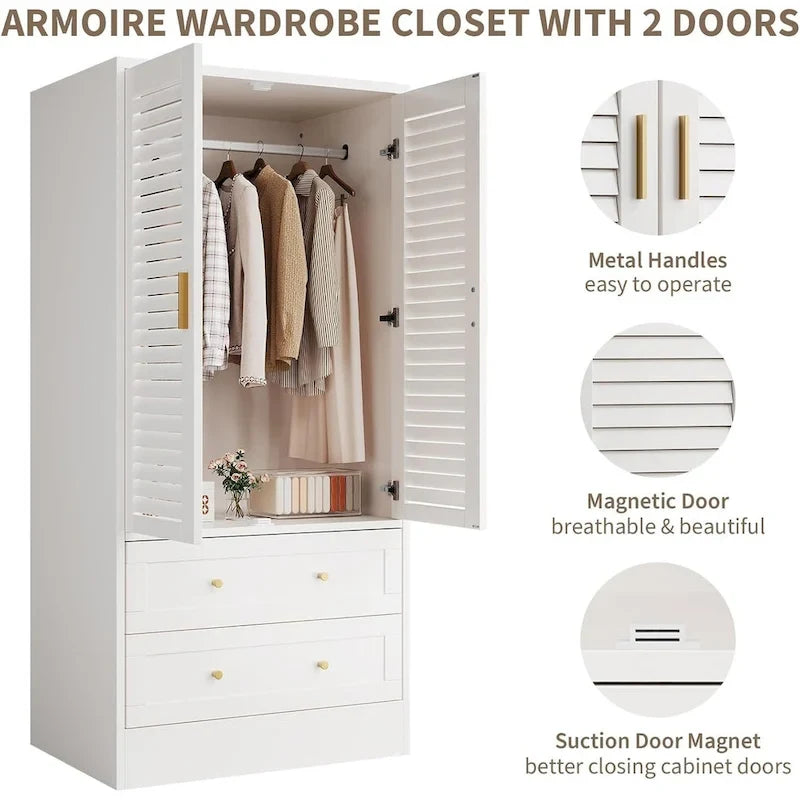 Armoire-penderie avec 2 portes à persiennes, tringles et 2 tiroirs