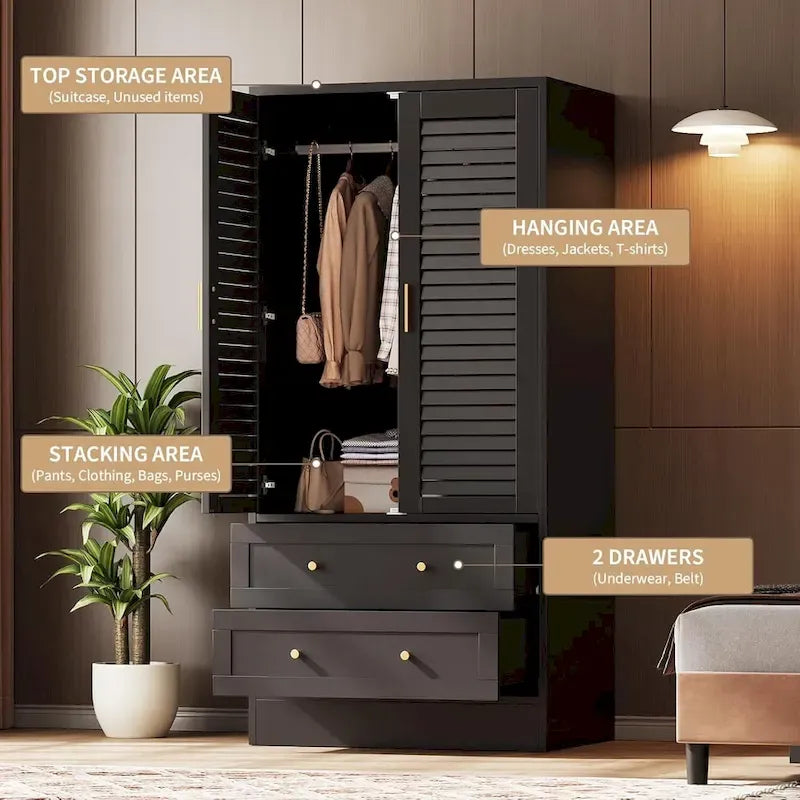 Armoire-penderie avec 2 portes à persiennes, tringles et 2 tiroirs