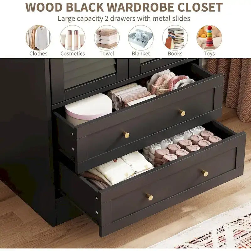 Armoire-penderie avec 2 portes à persiennes, tringles et 2 tiroirs