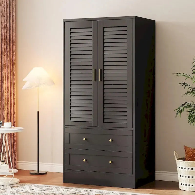 Armoire-penderie avec 2 portes à persiennes, tringles et 2 tiroirs