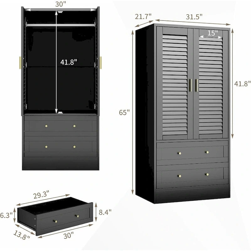 Armoire-penderie avec 2 portes à persiennes, tringles et 2 tiroirs