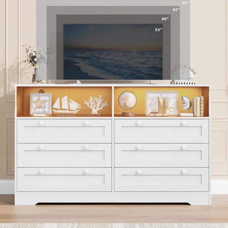 Commode de 55 cm de large, commode en bois à 6 tiroirs avec éclairage LED, commode en bois avec grande capacité de rangement