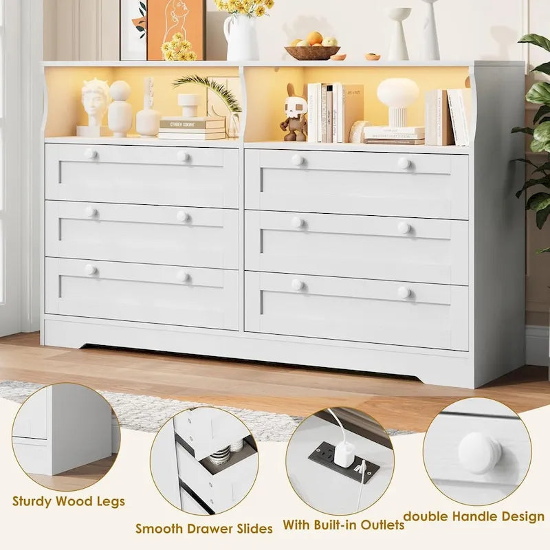 Commode de 55 cm de large, commode en bois à 6 tiroirs avec éclairage LED, commode en bois avec grande capacité de rangement