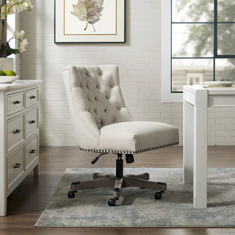 Fauteuil de bureau capitonné en peluche, réglable et solide - 41,5 pouces - Beige et gris
