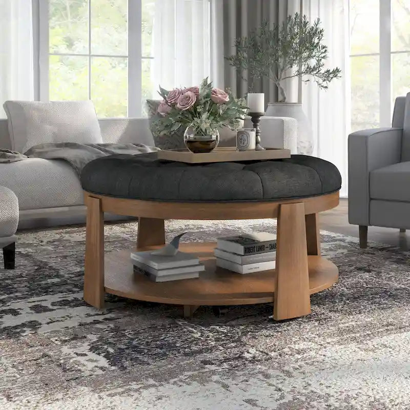 Pouf capitonné rond Geoffrey Transitional en bois naturel avec étagère ouverte et roulettes, par Furniture of America