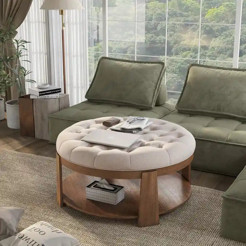 Pouf capitonné rond Geoffrey Transitional en bois naturel avec étagère ouverte et roulettes, par Furniture of America