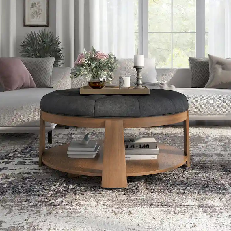 Pouf capitonné rond Geoffrey Transitional en bois naturel avec étagère ouverte et roulettes, par Furniture of America