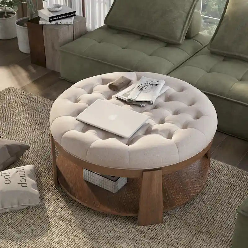 Pouf capitonné rond Geoffrey Transitional en bois naturel avec étagère ouverte et roulettes, par Furniture of America