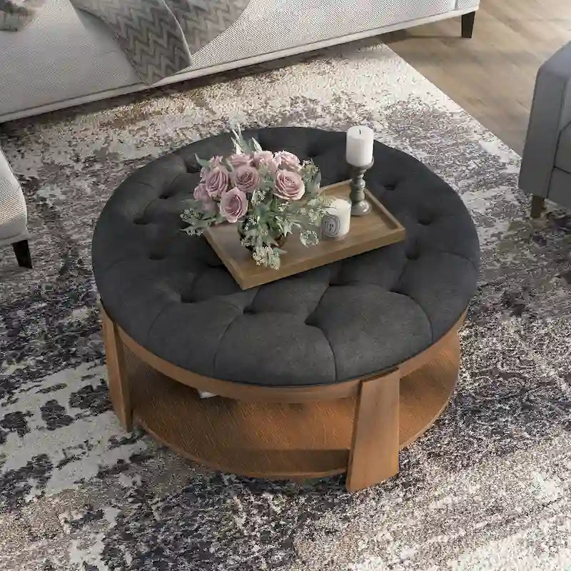 Pouf capitonné rond Geoffrey Transitional en bois naturel avec étagère ouverte et roulettes, par Furniture of America