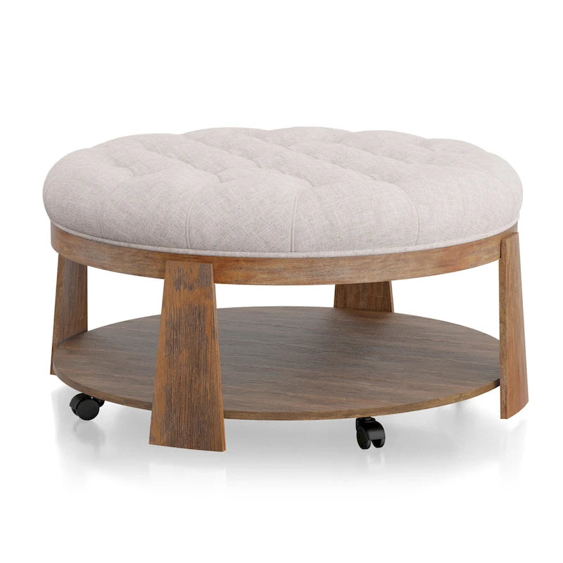 Pouf capitonné rond Geoffrey Transitional en bois naturel avec étagère ouverte et roulettes, par Furniture of America