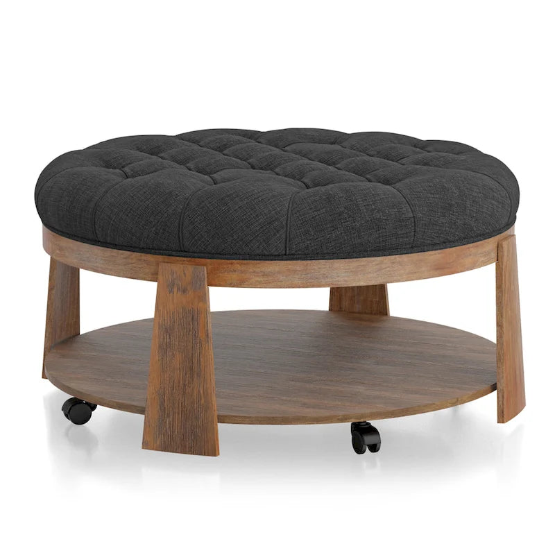 Pouf capitonné rond Geoffrey Transitional en bois naturel avec étagère ouverte et roulettes, par Furniture of America