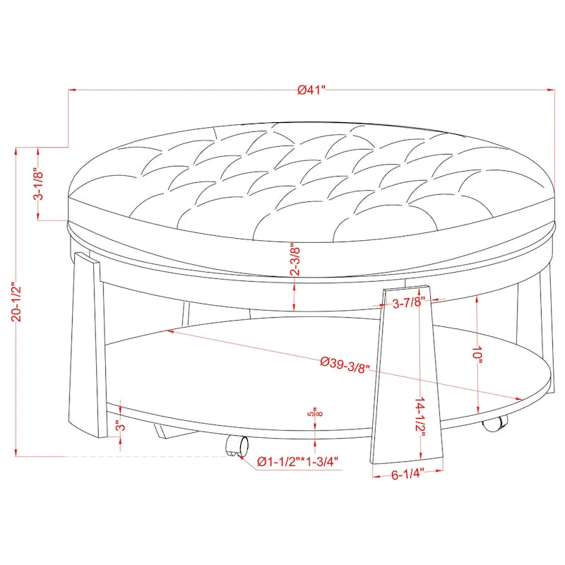 Pouf capitonné rond Geoffrey Transitional en bois naturel avec étagère ouverte et roulettes, par Furniture of America