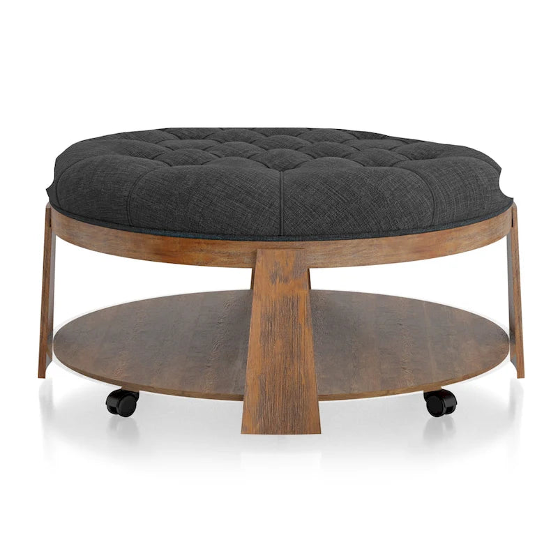 Pouf capitonné rond Geoffrey Transitional en bois naturel avec étagère ouverte et roulettes, par Furniture of America