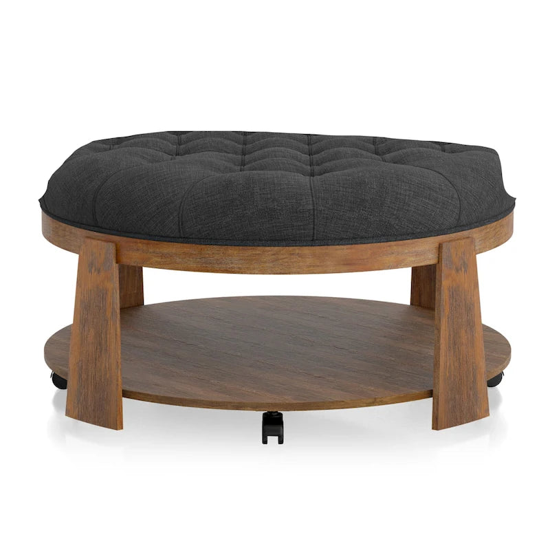 Pouf capitonné rond Geoffrey Transitional en bois naturel avec étagère ouverte et roulettes, par Furniture of America