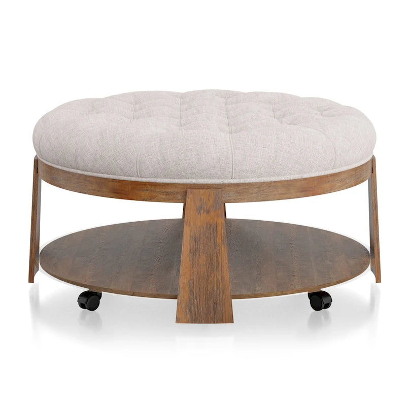Pouf capitonné rond Geoffrey Transitional en bois naturel avec étagère ouverte et roulettes, par Furniture of America
