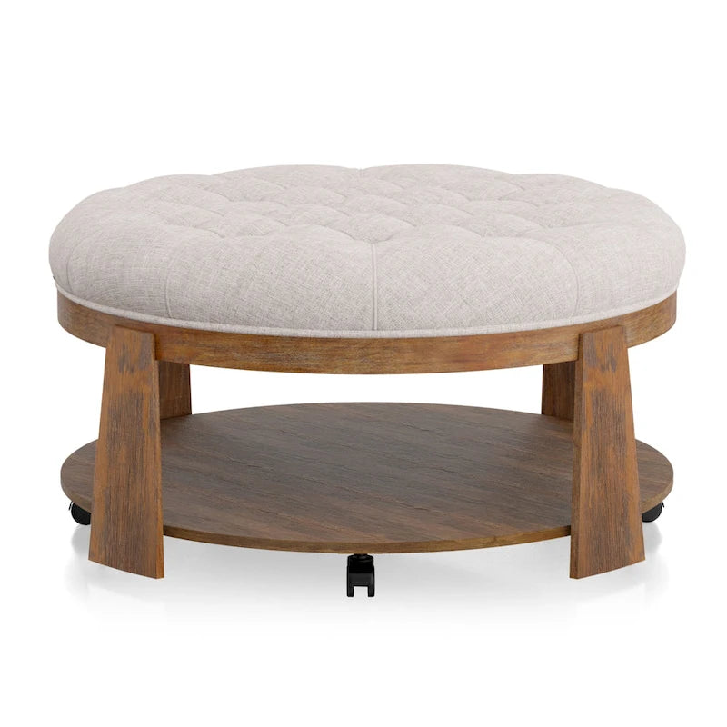 Pouf capitonné rond Geoffrey Transitional en bois naturel avec étagère ouverte et roulettes, par Furniture of America