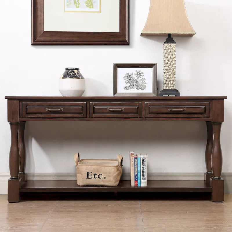Console longue en bois avec 3 tiroirs et 1 étagère inférieure