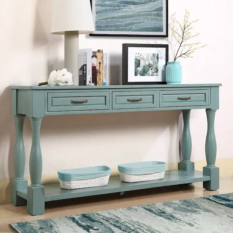 Console longue en bois avec 3 tiroirs et 1 étagère inférieure