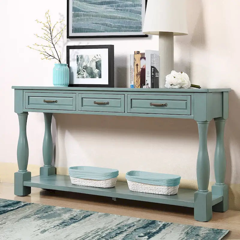 Console longue en bois avec 3 tiroirs et 1 étagère inférieure