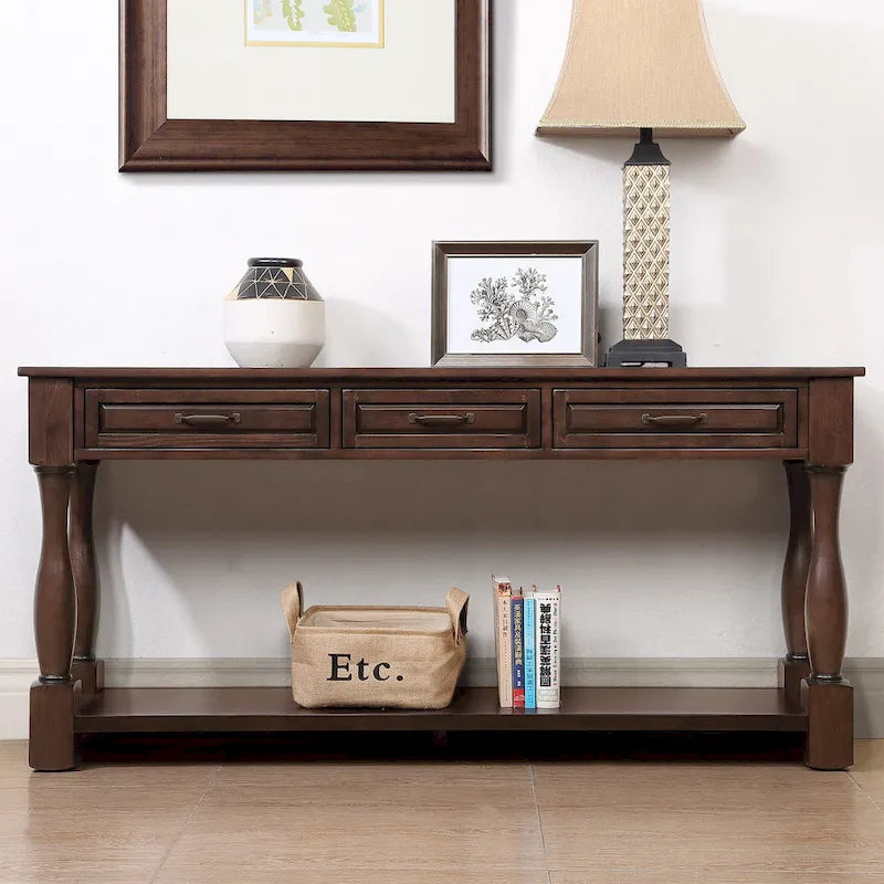 Console longue en bois avec 3 tiroirs et 1 étagère inférieure