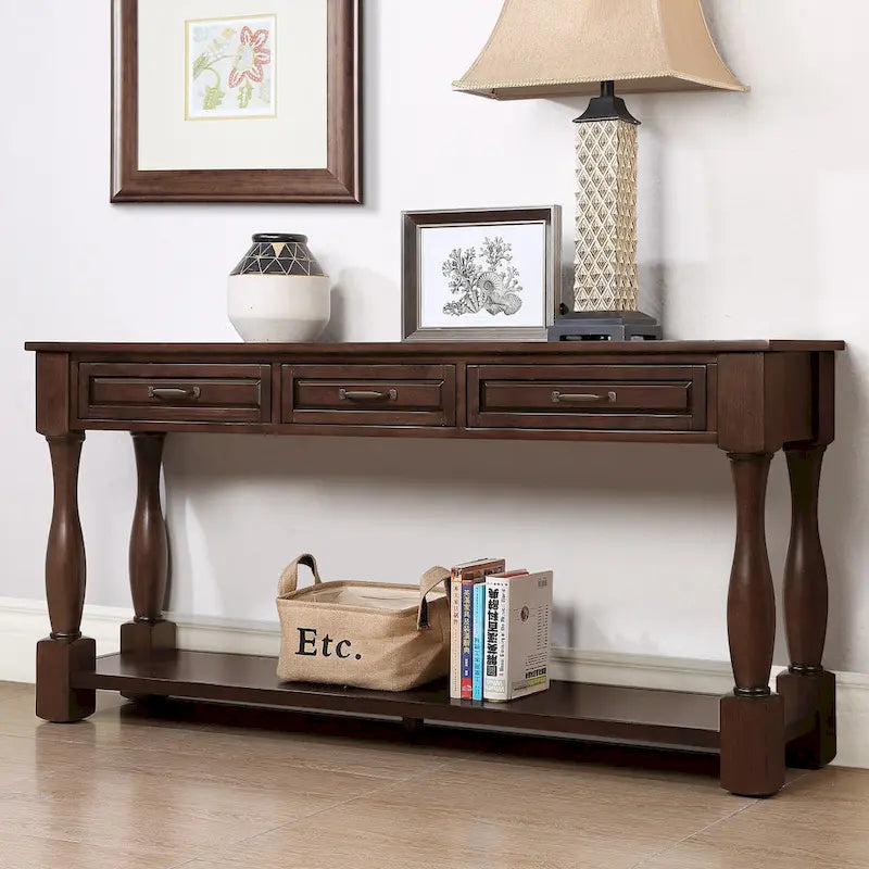 Console longue en bois avec 3 tiroirs et 1 étagère inférieure