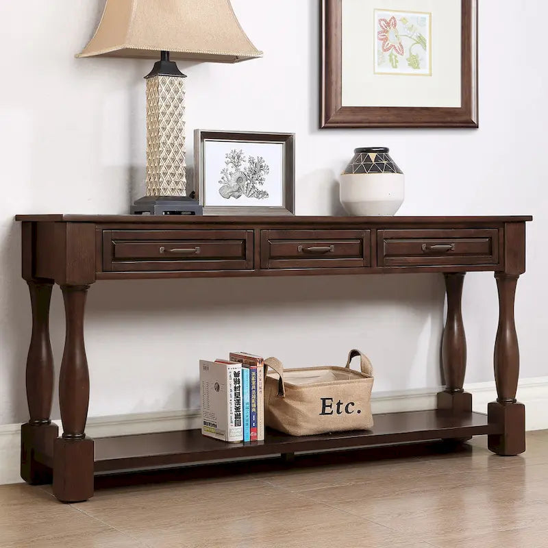 Console longue en bois avec 3 tiroirs et 1 étagère inférieure