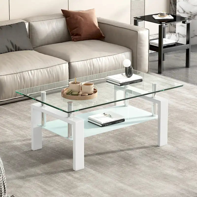 Table basse en verre trempé à 2 plateaux - 23,62 x 39,37 x 17,32