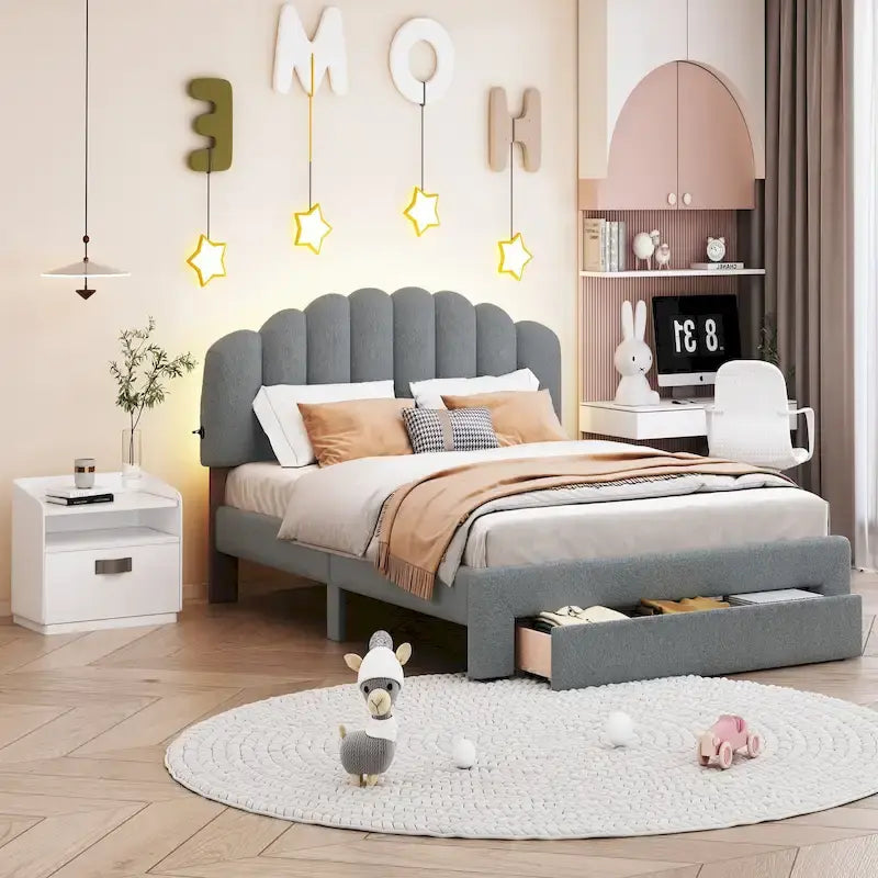 Lit plateforme rembourré en polaire Teddy, format Queen, avec tiroir