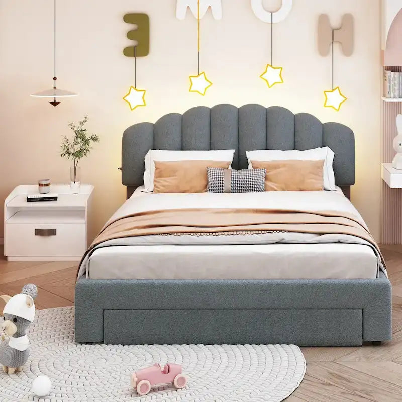 Lit plateforme rembourré en polaire Teddy, format Queen, avec tiroir