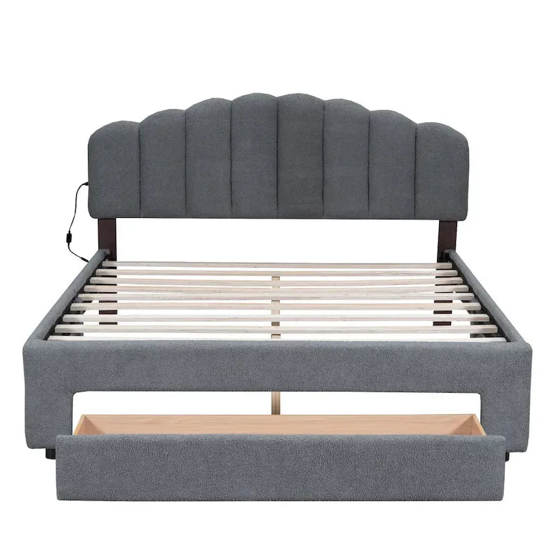 Lit plateforme rembourré en polaire Teddy, format Queen, avec tiroir
